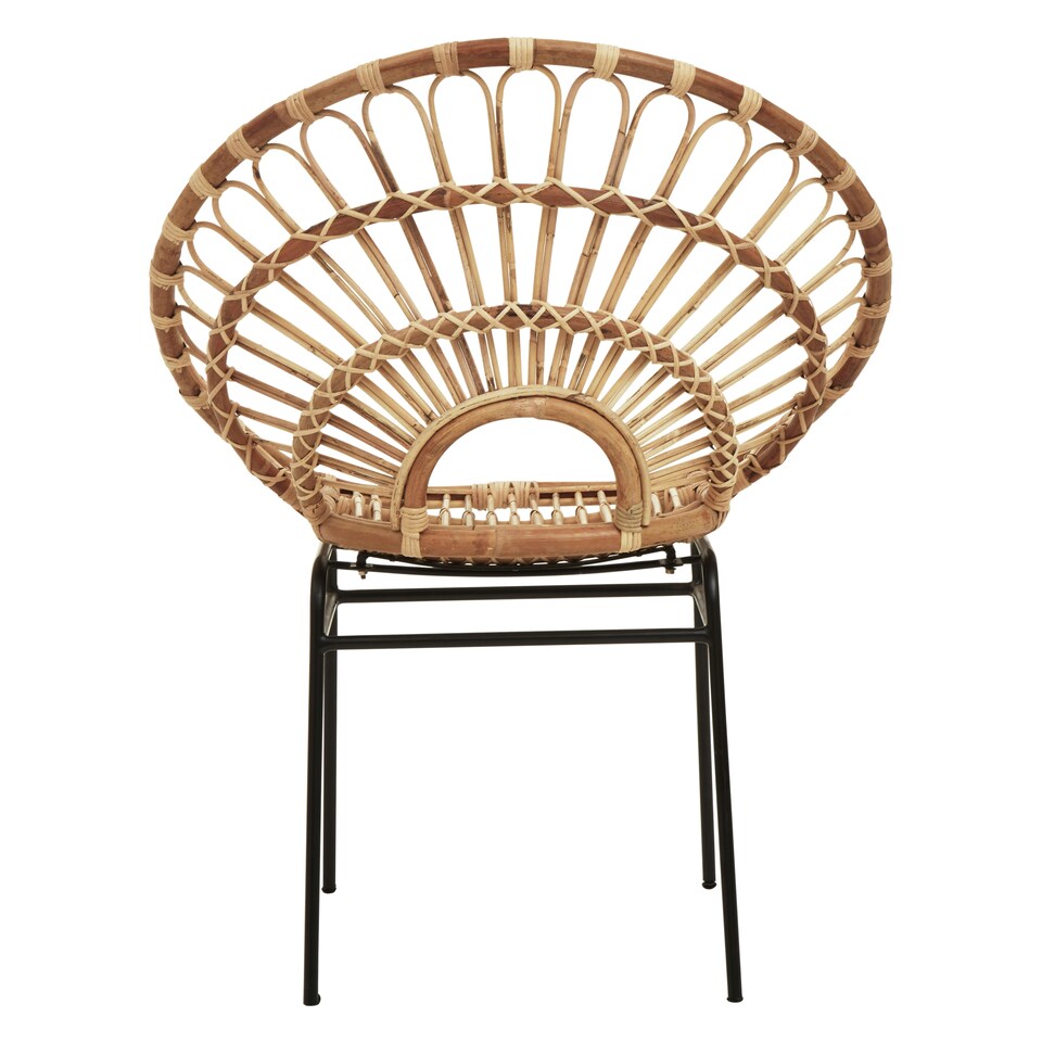 image 1 of Interiors by Premier Brown Natural Rattan Sunflower Back Chair with Black Metal Legs, Hand Woven Rattan Dining Chair Brown