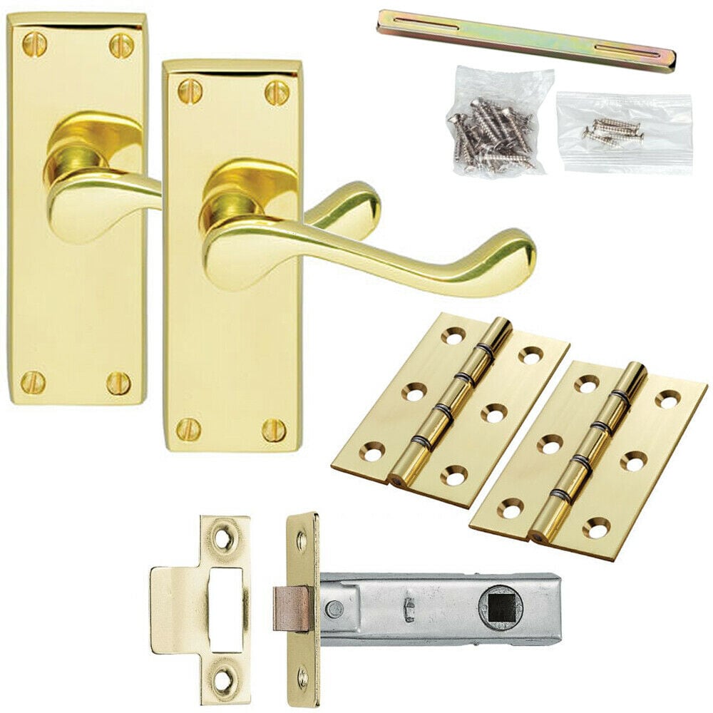 Loops Door Handle & Latch Pack Brass Victorian Scroll Lever Turn Square Backplate in Metallics
