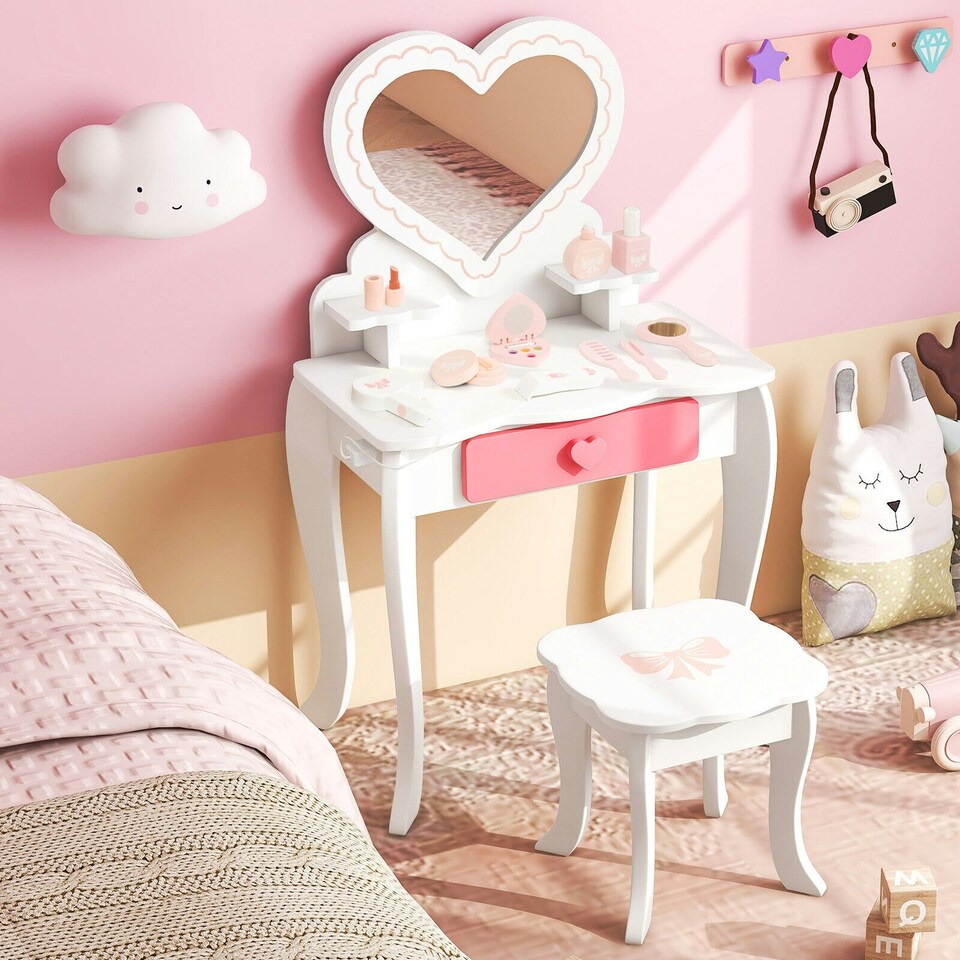 image 1 of COSTWAY 2-in-1 Kids Vanity Set Makeup Table & Chair Set