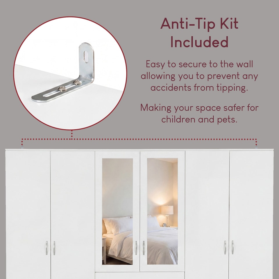 image 1 of Vida Designs Riano 6 Door 3 Drawer XX-Large Mirrored Wardrobe, White