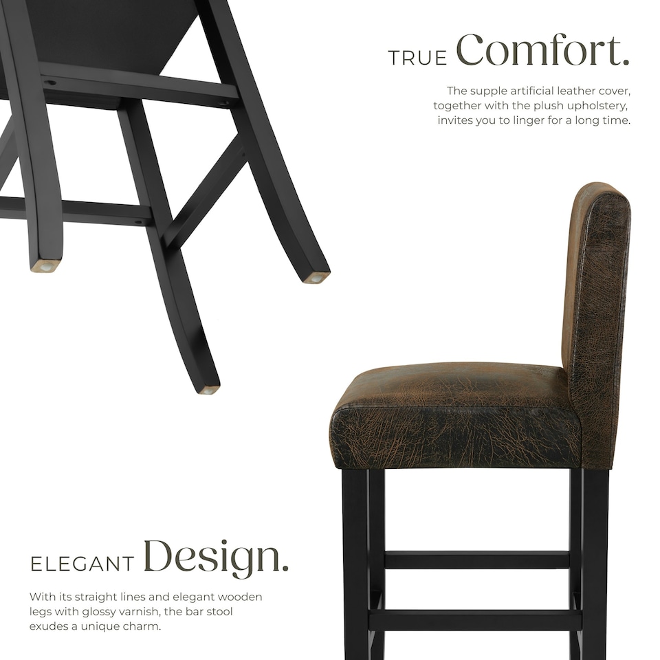 image 1 of Bar Stool - padded backrest, synthetic leather, with footrests - Set of 2 Brown | Antique Brown