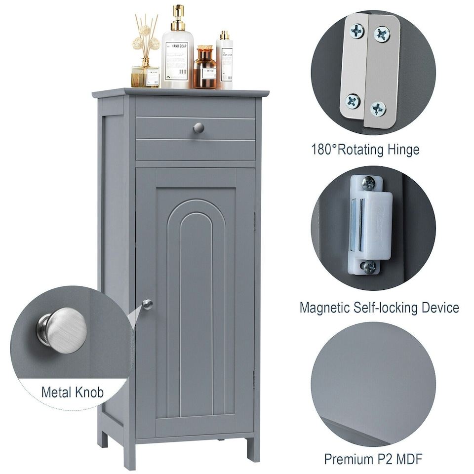 image 1 of COSTWAY Bathroom Storage Cabinet Wooden Cupboard Grey Grey