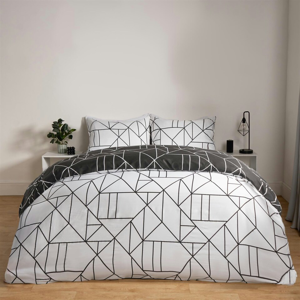image 1 of OHS Geometric Reversible Print Duvet Cover and Pillowcase Set, Super King - Black