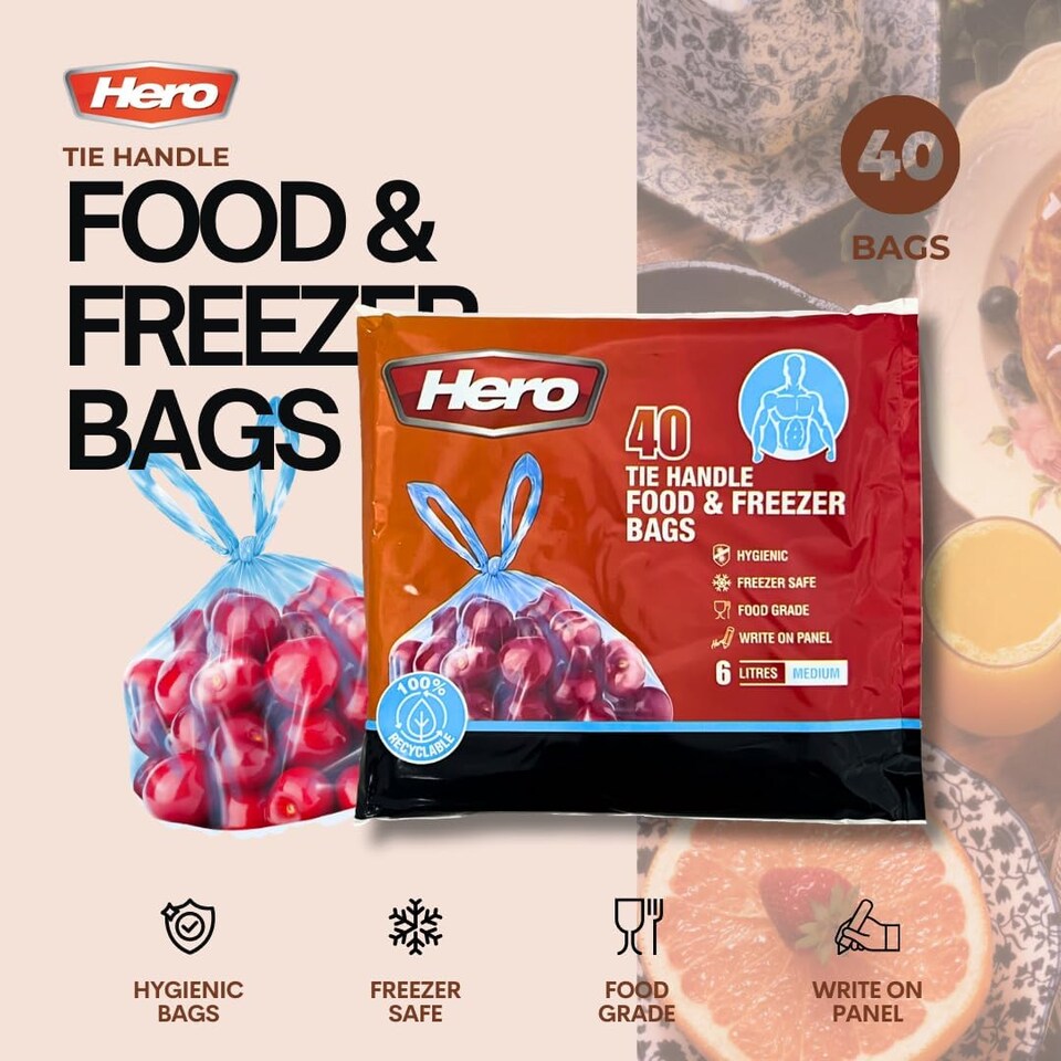 image 1 of Hero Tie Handle Food Storage Bags 6L Pack of 40 Reusable BPA Free Freezer & Sandwich Bags with Airtight Seal for Fruits, Vegetables, Meat and Grains