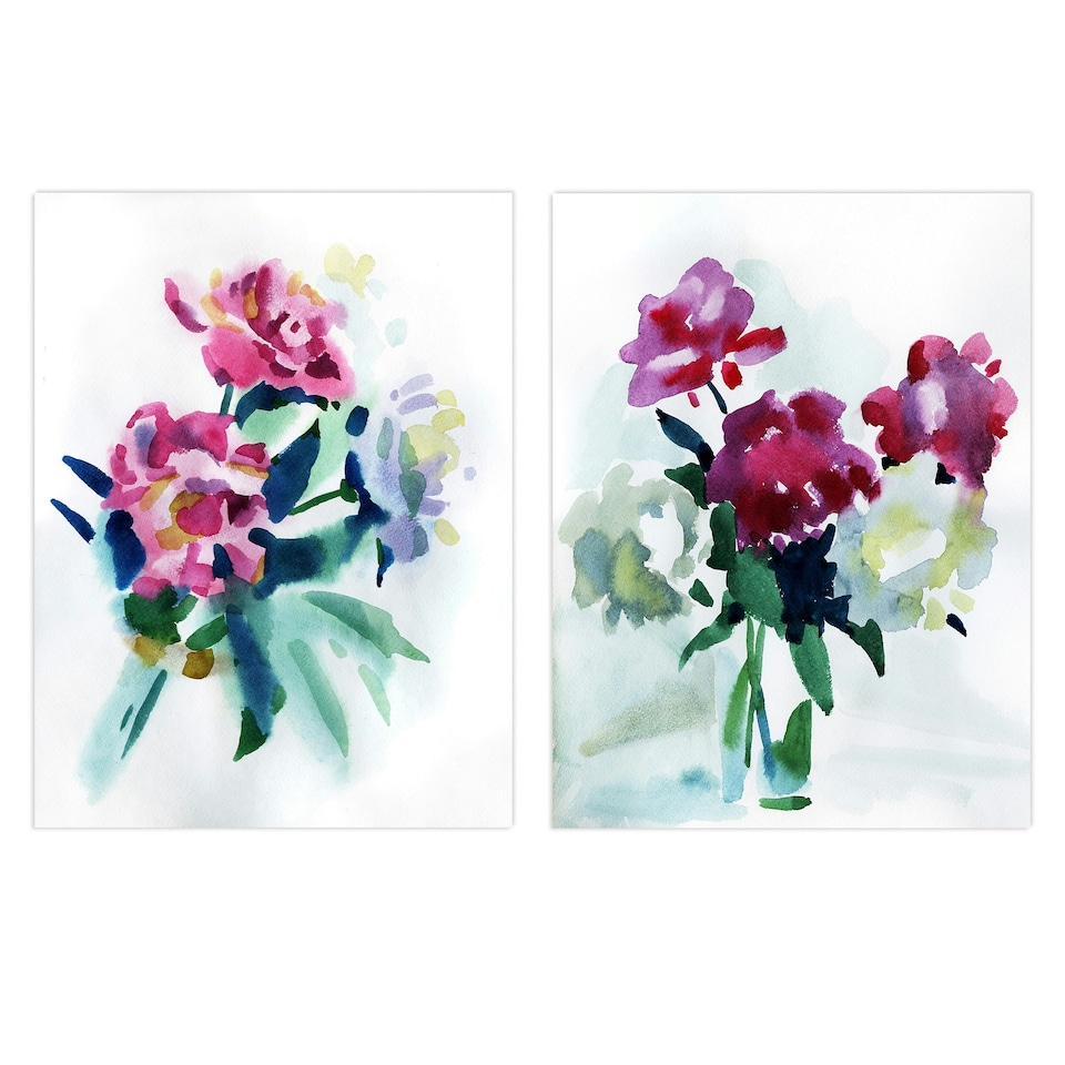 image 1 of Set of 2 Spring Flower Pink White Bouquet in Glass Vase Floral Watercolour Painting Wall Art Prints 12x16 Inch