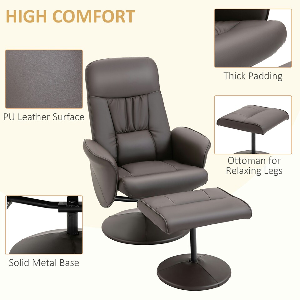 image 1 of HOMCOM PU Leather 2 Pcs Reclining Armchair w/ Ottoman 360° Swivel Brown