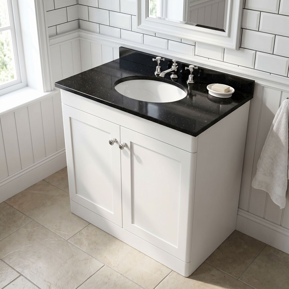 image 1 of Balterley Swynnerton Traditional 2 Door Floor Standing Vanity Unit with Marble Basin, Satin White, 800mm