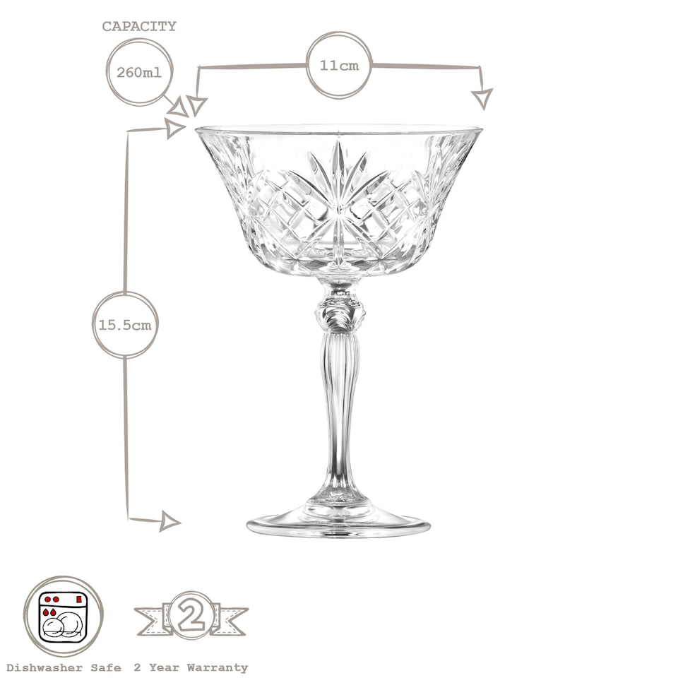 image 1 of RCR Crystal Melodia Glass Champagne Saucers - 260ml - Pack of 6