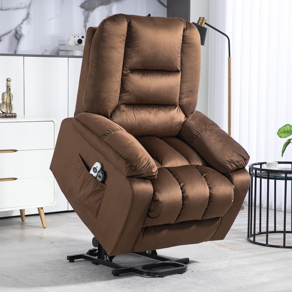image 1 of HOMCOM Velvet Riser and Recliner Chair for the Elderly, Quick Assembly, Fabric Overstuffed Lift Chair with Vibration Massage and Heat, Remote Control, Side Pockets, Dark Brown | Brown | Dark brown