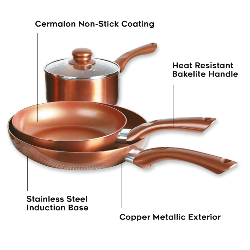 image 1 of Cermalon 5 Piece Copper Non Stick and All Hob Compatible Cookware Pan Set