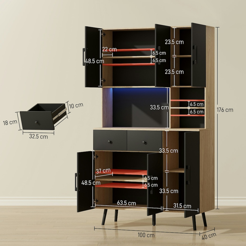 image 1 of HOMCOM Tall Kitchen Cupboard with LED Lights and Adjustable Shelves, Oak Black | Oak