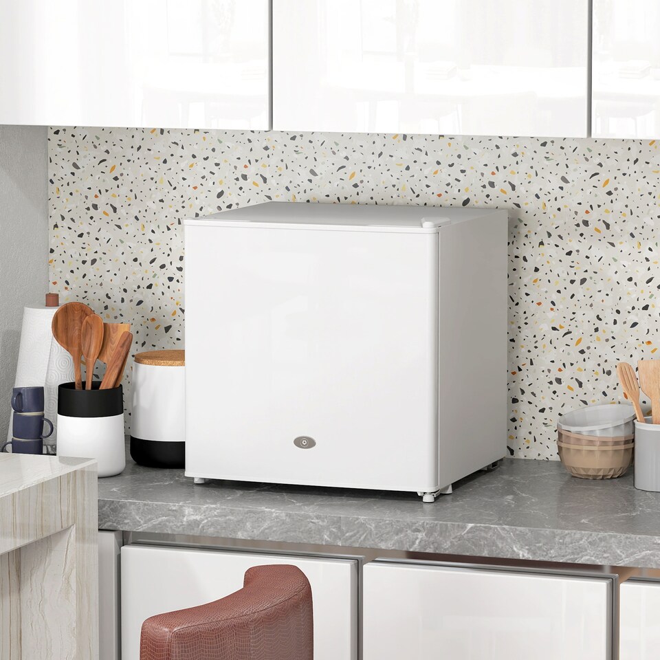 image 1 of HOMCOM Tabletop Mini Freezer with 35 Litre Capacity, Small Lockable Freezer with Reversible Door, Two Keys, Adjustable Temperature and Removable Wire Shelf for Bedrooms, Home Office, White | White