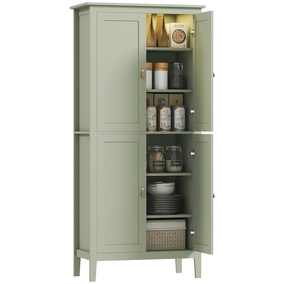 image 1 of HOMCOM 176.5 cm Tall Freestanding Pantry Storage Cabinet with 4 Doors Green Green