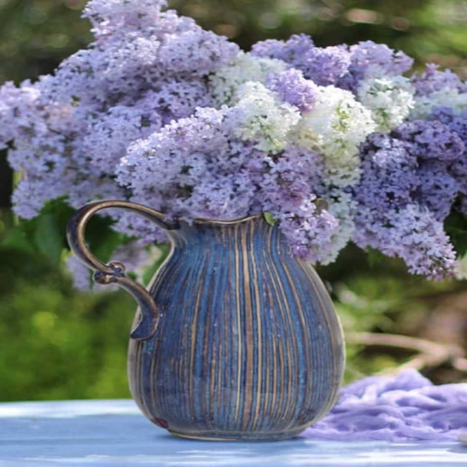 image 1 of Aegean Blue Fluted Pitcher Jug Vase Blue