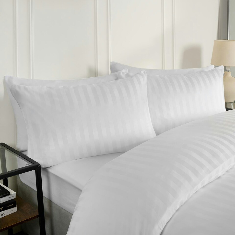image 1 of OHS Satin Stripe Hotel Quality Duvet Cover and Pillowcase Set, King - White