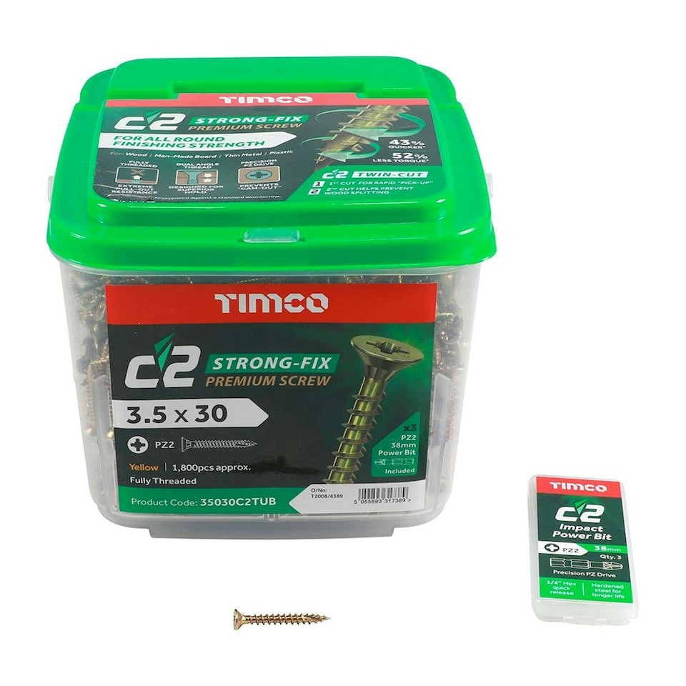 image 1 of Timco - C2 Strong-Fix Multi-Purpose Premium Screws - PZ - Double Countersunk - Yellow (Size 3.5 x 30 - 1800 Pieces)