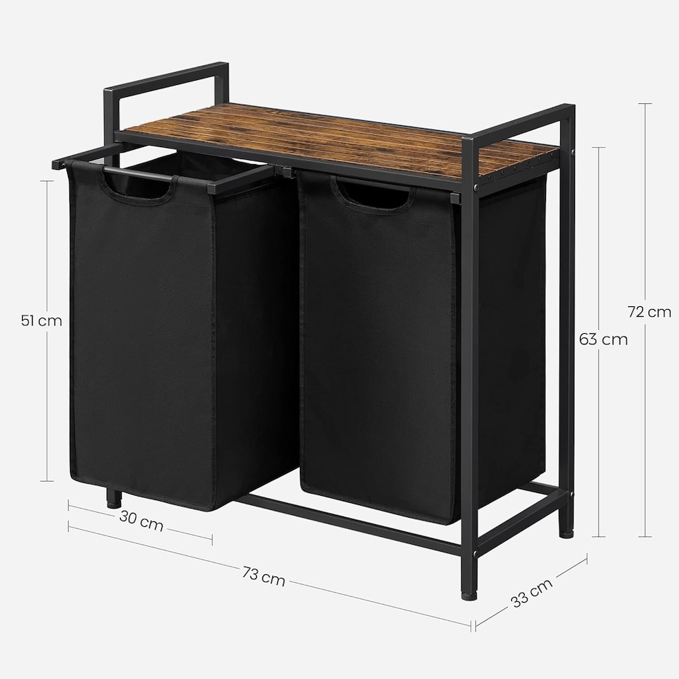 image 1 of Laundry Sorter with 2 Removable Liner Bags, Pull-Out Hampers and Storage Shelf, Rustic Brown and Ink Black