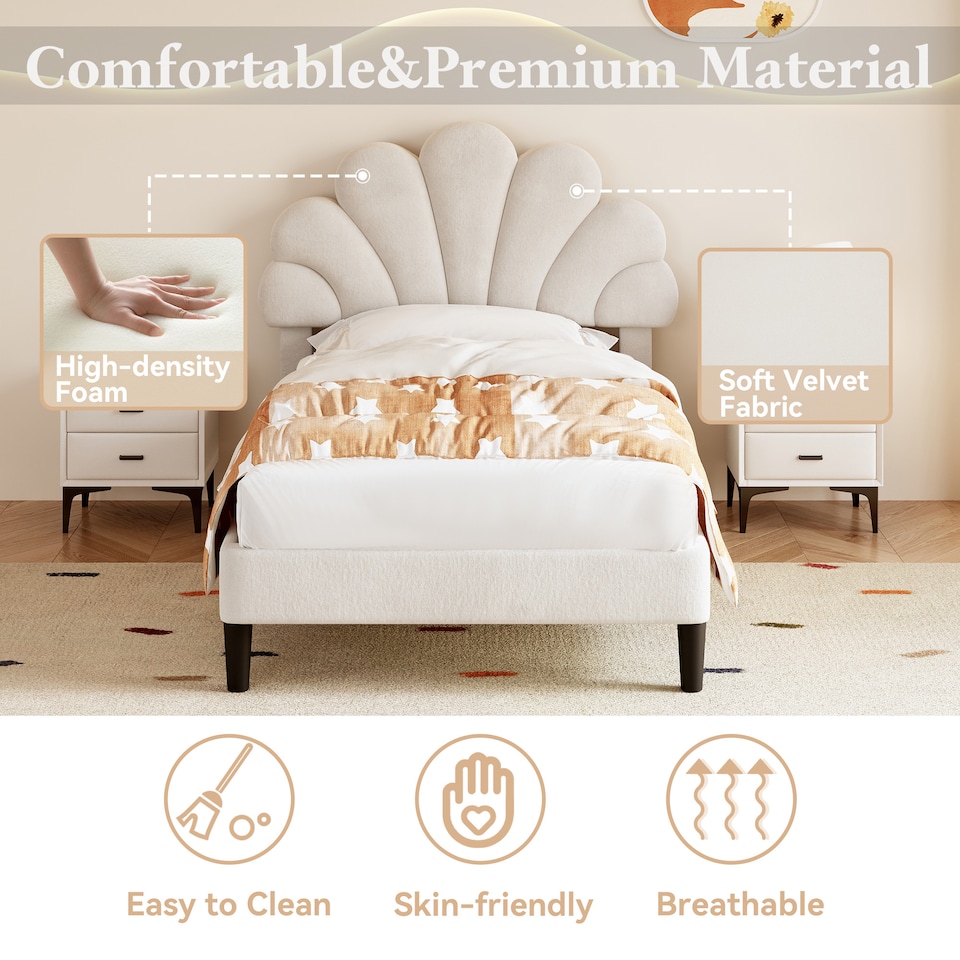 image 1 of Abrihome 3FT Single Velvet Upholstered Bed Frame 90x190cm with Adjustable Petal Headboard, Solid Wood Slats, No Box Spring Needed, Beige