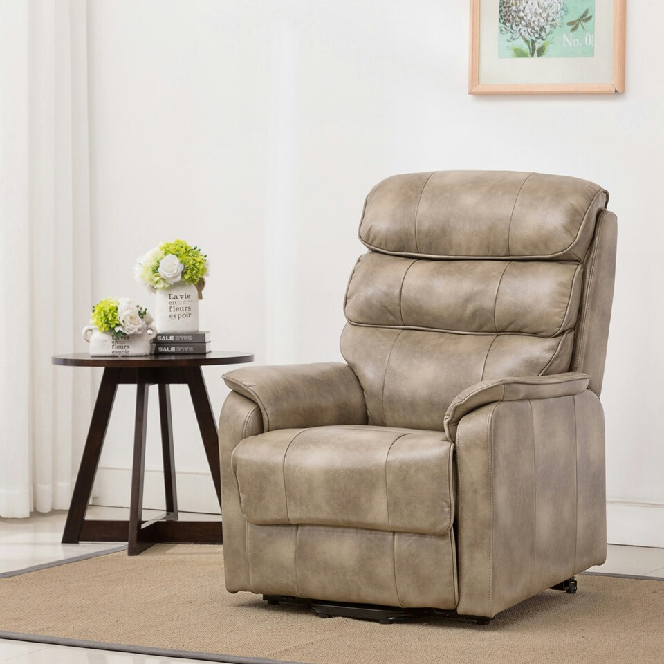image 1 of Buckingham Dual Motor Electric Rise Recliner Bonded Leather Chair (Stone)
