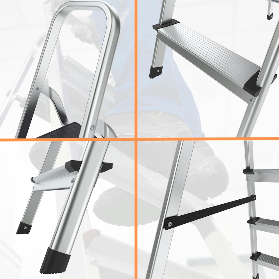 image 1 of Lightweight Step Ladders - Compact Aluminium Stepladder with Non-Slip Wide Step, Portable Silver Color - Tall Folding Ladder with Platform Silver | 6 - Step 181 cm