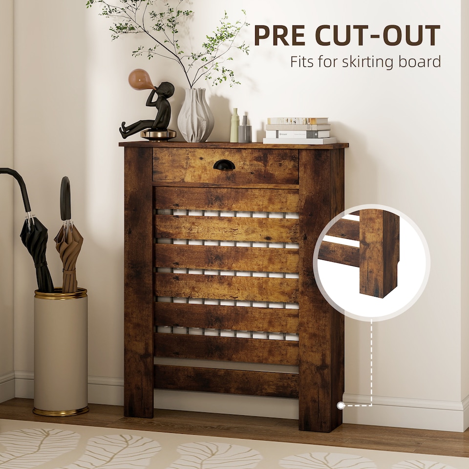 image 1 of HOMCOM Radiator Cover with Drawer, Horizontal Slat, 78cm | Brown | Rustic Brown | 78W x 19D x 95.5H cm