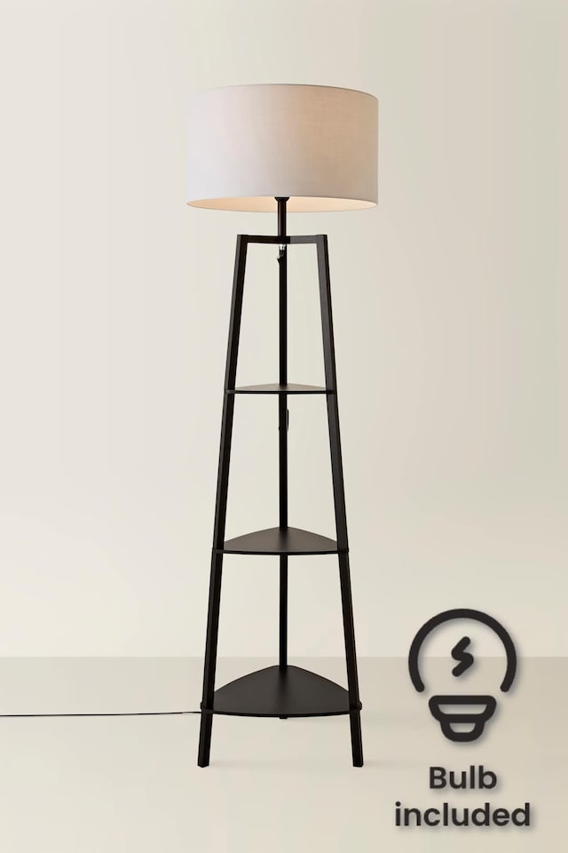 image 1 of ValueLights Hiru Black 3 Tier Shelf Floor Lamp Grey Shade & Bulb | Grey