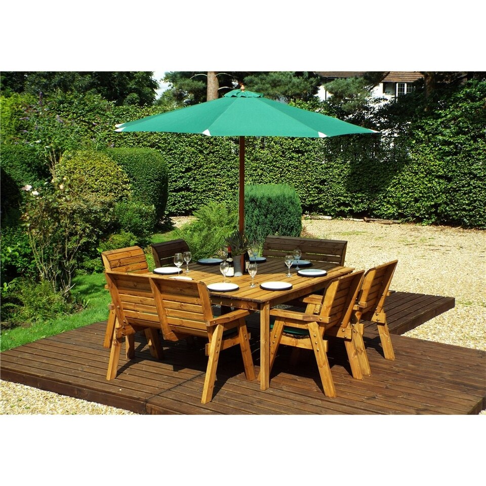 image 1 of Traditional Eight Seater Table Set with 2 x Bench Cushion, 4 x Chair Cushion, 1 x Green Parasol & Base & 1 x Cushion Storage Bag