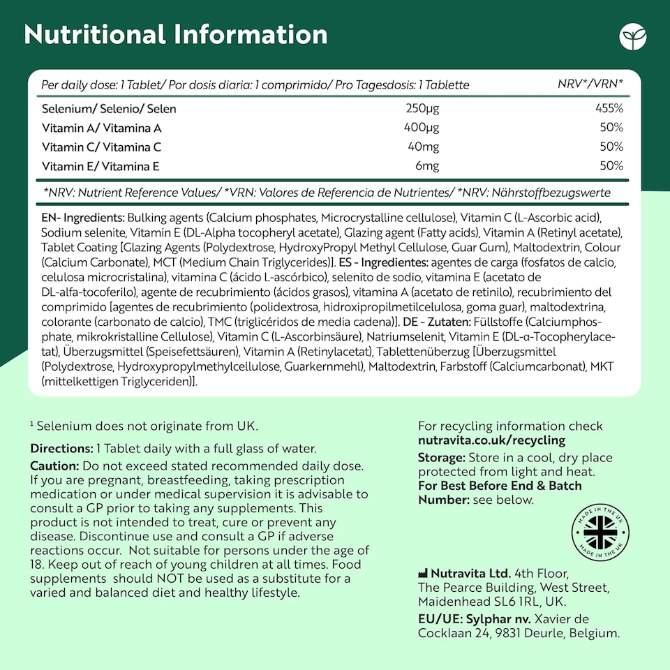 image 1 of Nutravita Selenium Supplements 250mcg with Vitamin A C & E - Support Normal Function of Immune System & Thyroid - 1+ Year Supply - 400 Vegan Tablets
