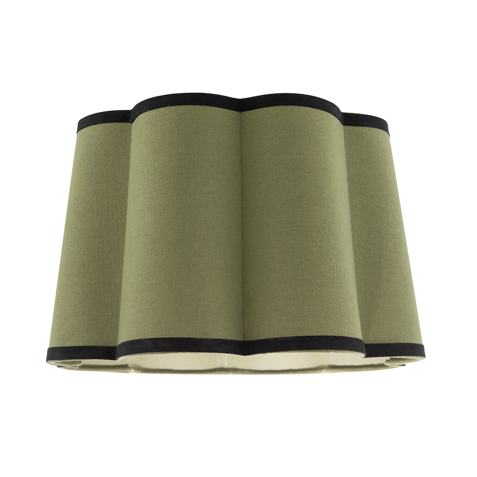 image 1 of Olive Green Linen Scallop Drum Lamp Shade with Black Cotton Trims | Green | Olive Green | 1