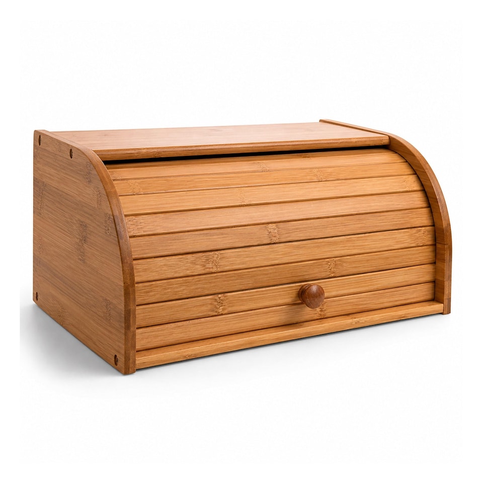 image 1 of Single Layer Roll Top Bamboo Wooden Bread Bin Kitchen Storage | Brown