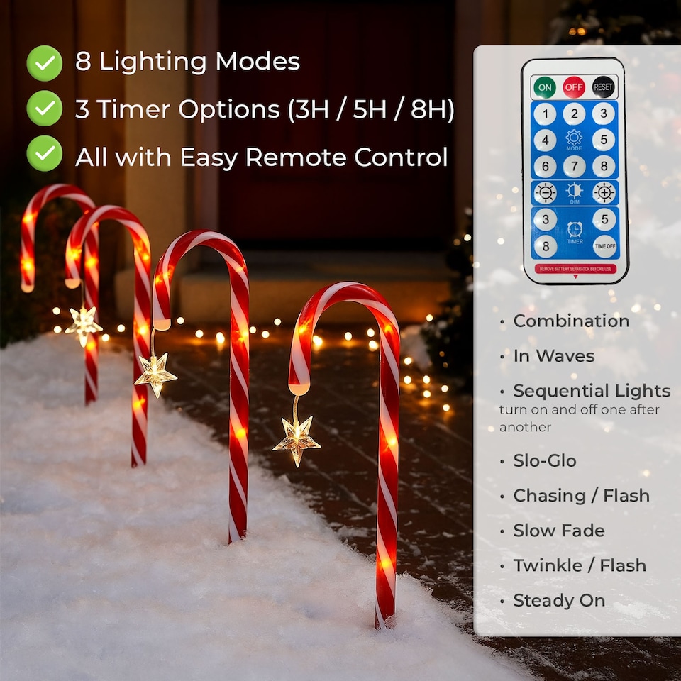 image 1 of Large 42cm 12 Piece Set Remote Solar Panel Battery Candy Cane Christmas Lights