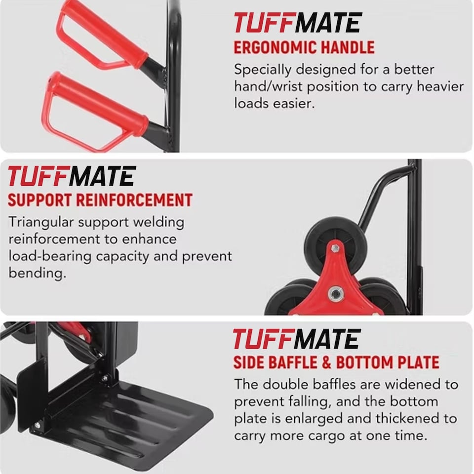 image 1 of TUFFMATE 150kg Folding Stair Climber Sack Truck - Tri-Wheel Heavy Duty Trolley & Telescopic Handle