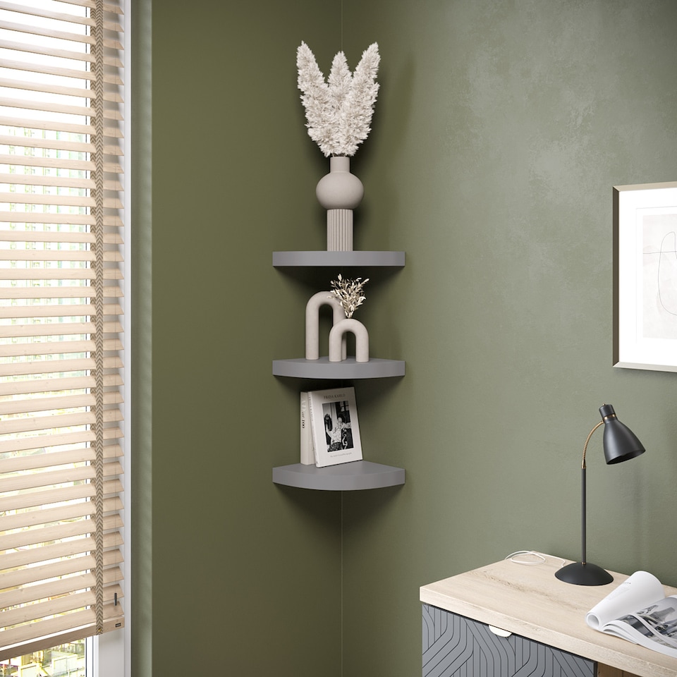image 1 of Wooden Wall Mounted Floating Corner Shelf - Set of 3 | Grey | 3
