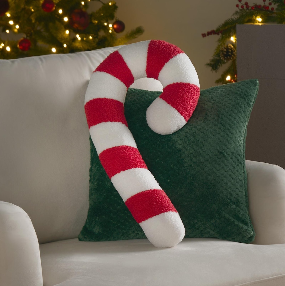 image 1 of OHS 2 x Christmas Candy Cane Soft Plush Fleece Filled Cushion | Red | Red & White