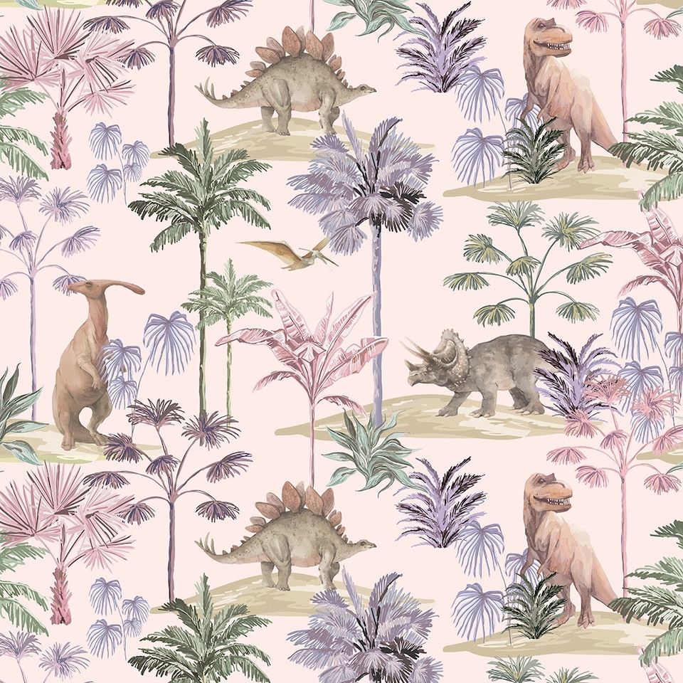 image 1 of Dino Adventures Wallpaper in Soft Pink | Pink | Pink