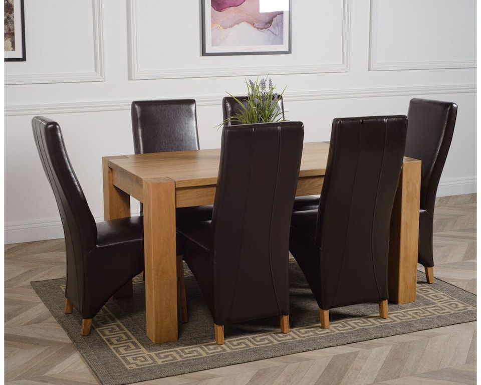 image 1 of Kuba 150 x 85 cm Chunky Medium Oak Dining Table and 6 Lola Leather Chairs | Brown | Brown