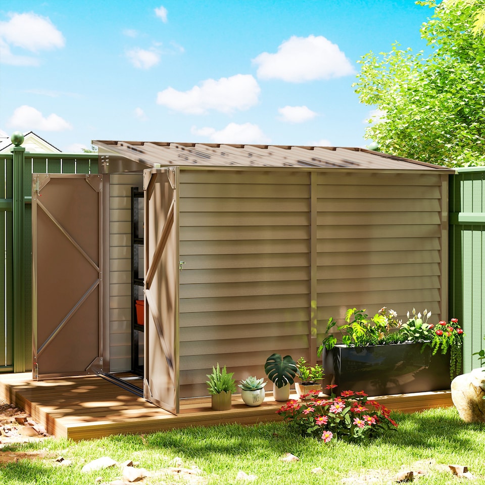 image 1 of Outsunny 5 x 9ft Galvanised Metal Garden Shed with Foundation Kit, Outdoor Leanto Shed, Tool Storage House with Lockable Doors, Gloves and 2 Air Vents for Patio, Garden, Brown | Brown | 143W x 270D x 202H cm