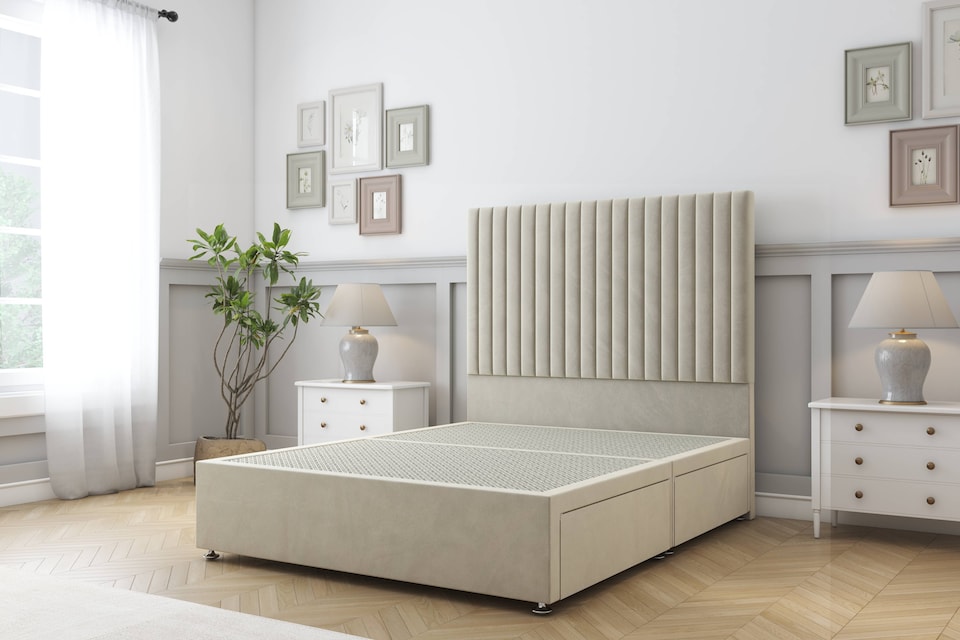 image 1 of Sloomy Manhattan Cream Plush Divan Bed Base 2 Drawers Foot-End With 26 Inch Strutted Headboard | Cream | Cream | King | 1