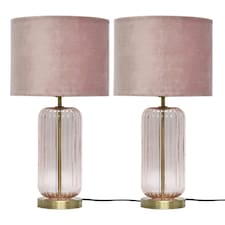 First Choice Lighting Set of 2 Walpole Blush Glass and Antique Brass 49cm Table Lamps with Pink Velvet Shade Bronze | Pink