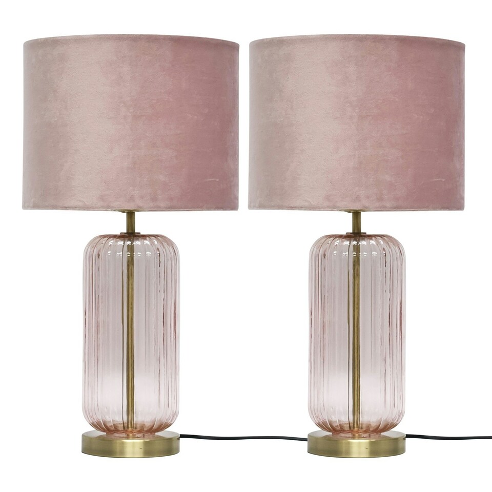 image 1 of First Choice Lighting Set of 2 Walpole Blush Glass and Antique Brass 49cm Table Lamps with Pink Velvet Shade Bronze | Pink