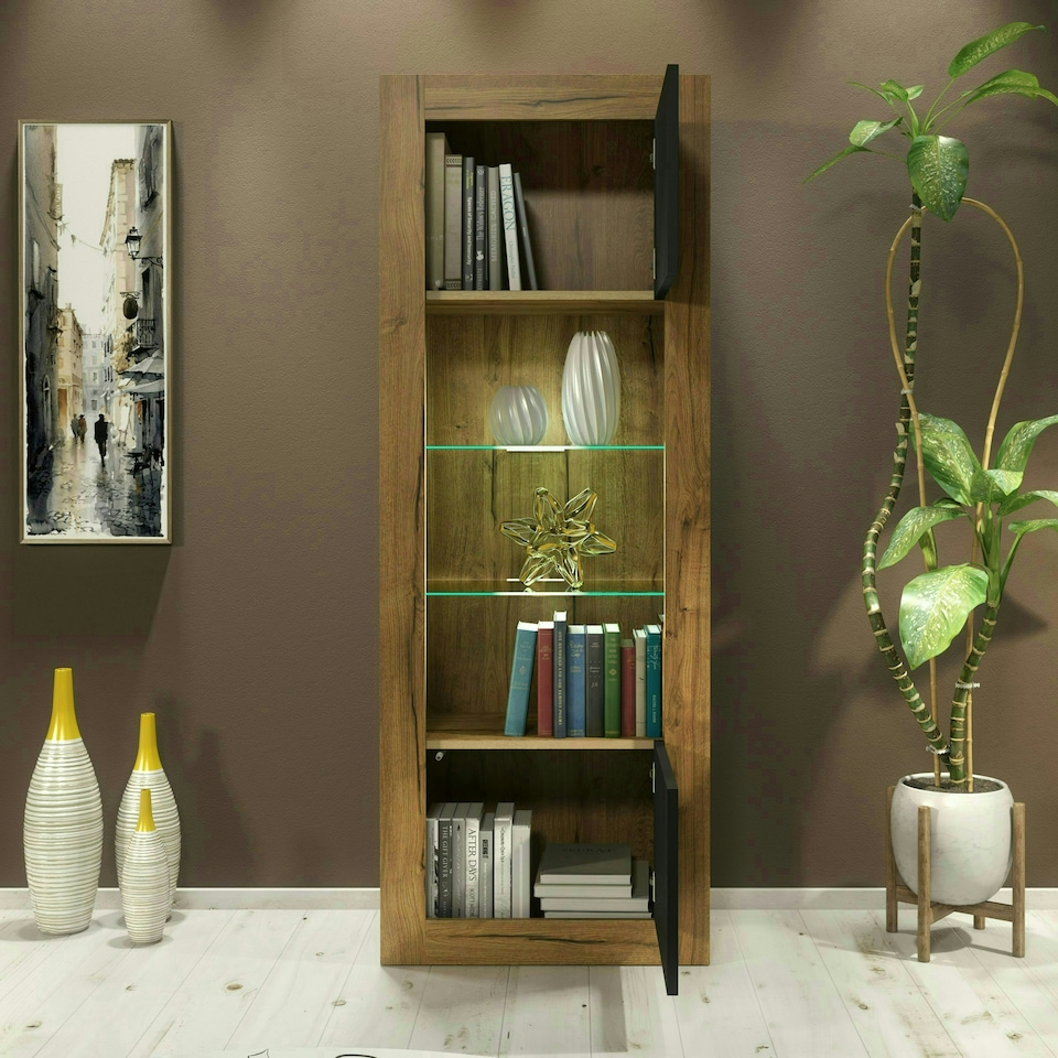 image 1 of Tall Cabinet 170cm Black Matt Doors Oak Matt Body Free LED Light Multi | Oak & Black