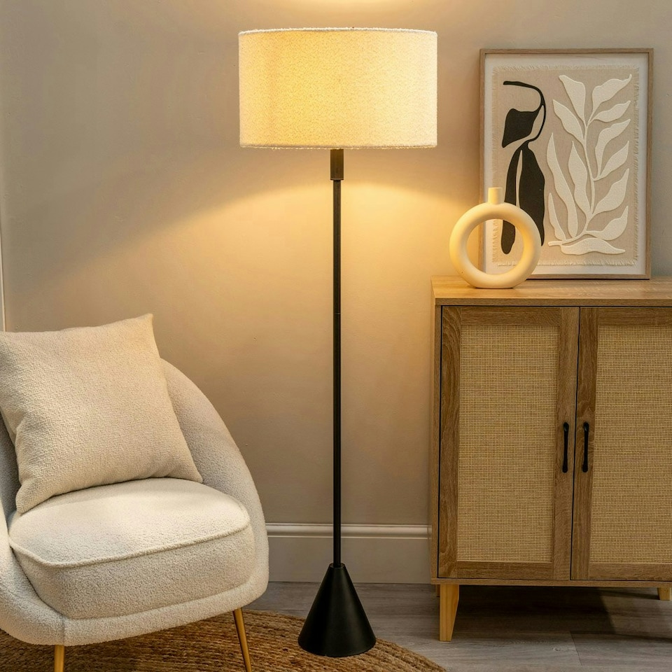 image 1 of ValueLights Mitch Boucle Drum Lamp Shade Black Wood Stem Triangle Floor Lamp with LED Bulb Black