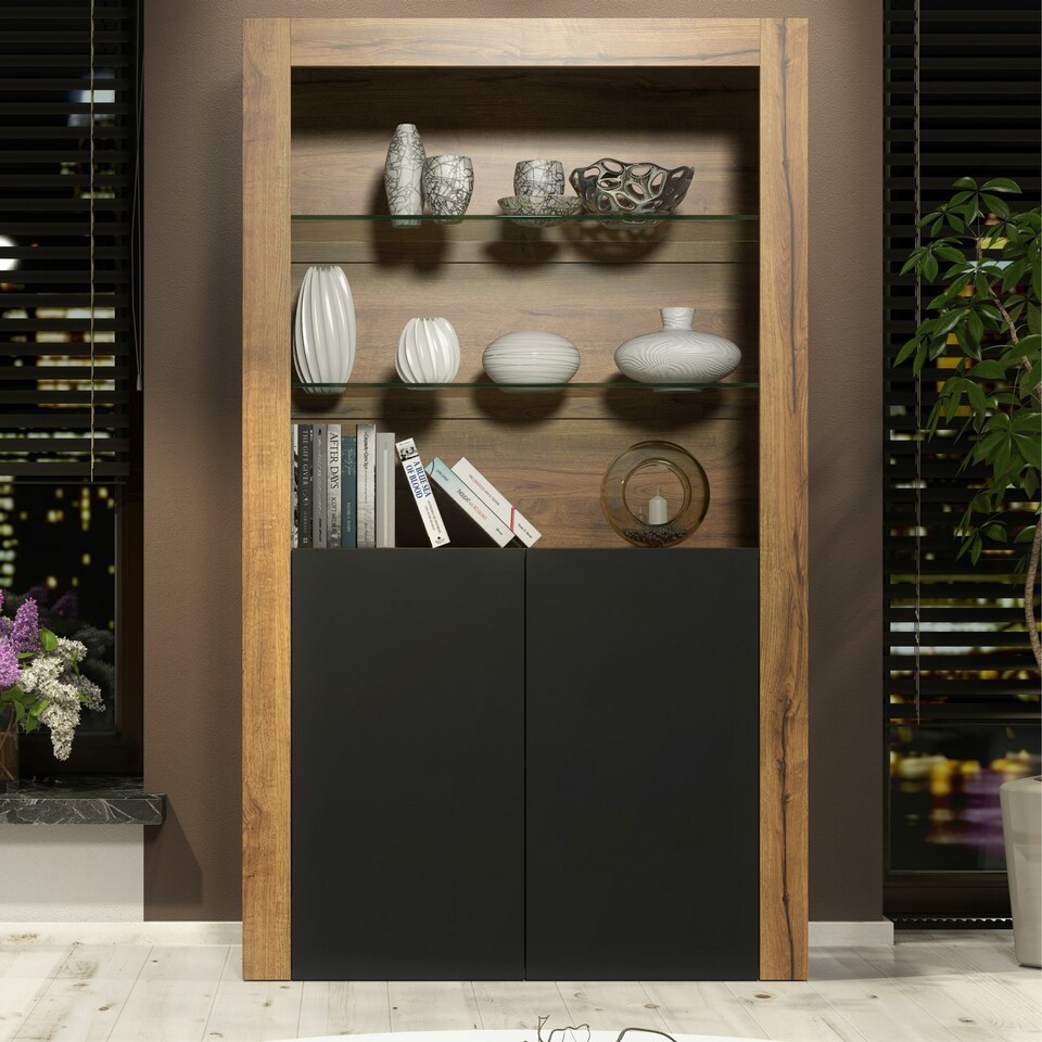 image 1 of Modern Display Cabinet with Glass Shelves | Living Room Storage Unit | Black High Gloss Cupboard Doors Multi | Oak & Black