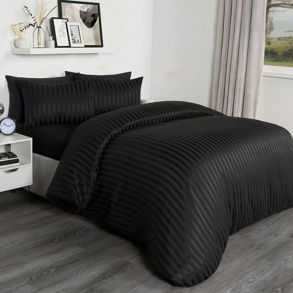 image 1 of OHS Satin Stripe Hotel Quality Duvet Cover and Pillowcase Set, Single - Black