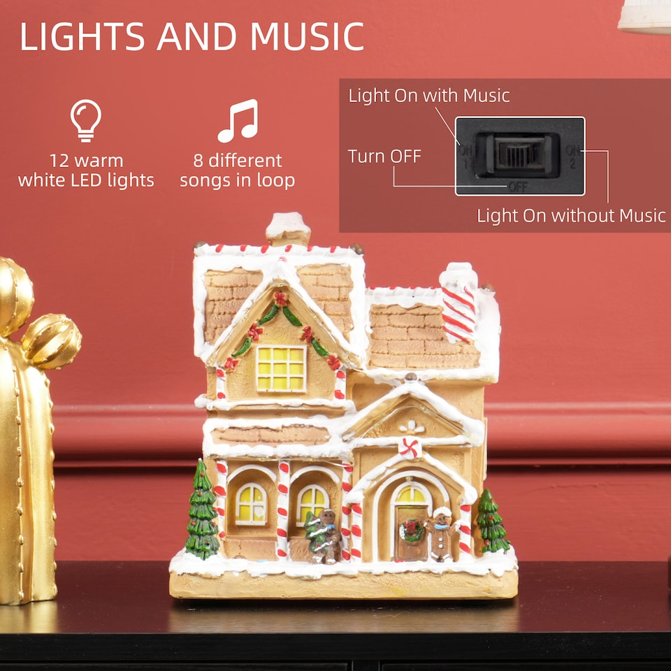image 1 of HOMCOM Christmas Village Gingerbread House with LED Lights and Music, Lighted and Musical Christmas Candy House with Gingerbread Man, Battery Operated, Brown