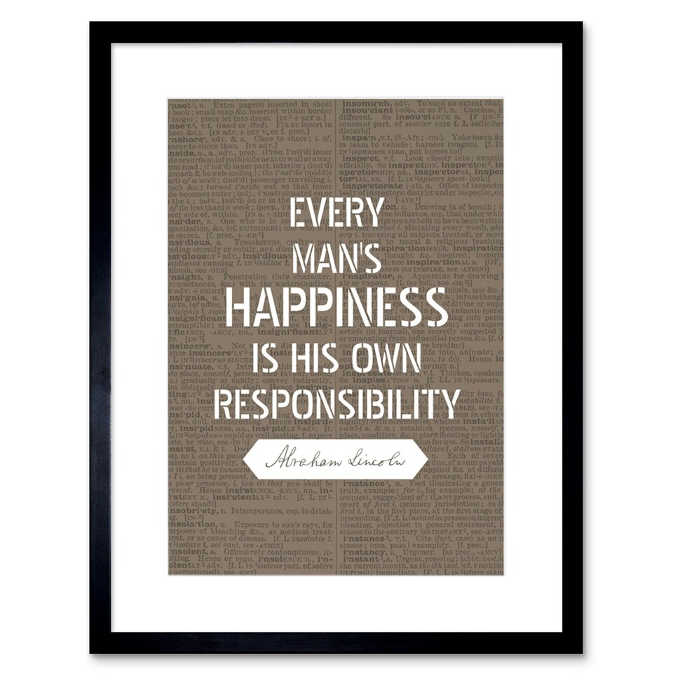 image 1 of Dictionary Quote Abraham Lincoln Happiness Responsibility 9x7" Black Framed Wall Art Print