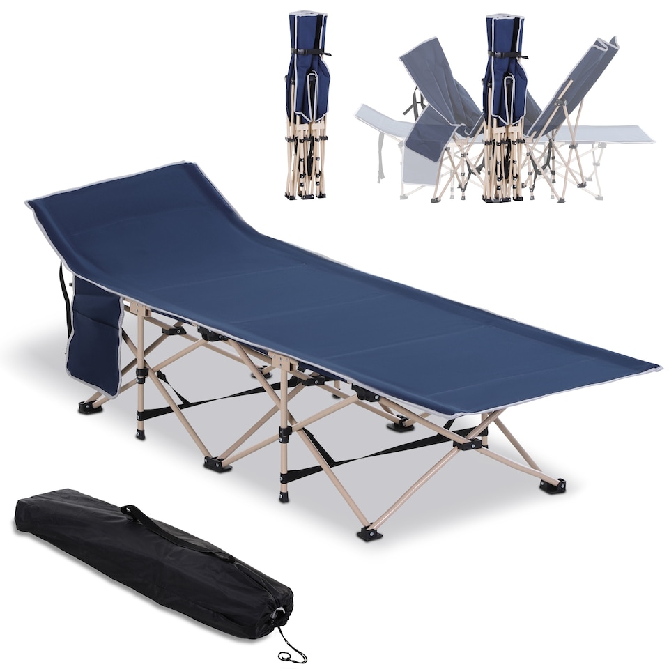 image 1 of Outsunny Single Person Camping Bed Folding Cot Outdoor Patio Portable Military Sleeping Bed Travel Guest Leisure Fishing with Side Pocket and Carry Bag - Blue