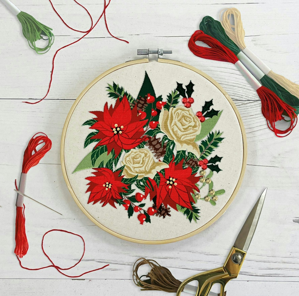 image 1 of Sew & So On Embroidery Kit, Poinsettias, Multicoloured, 8"