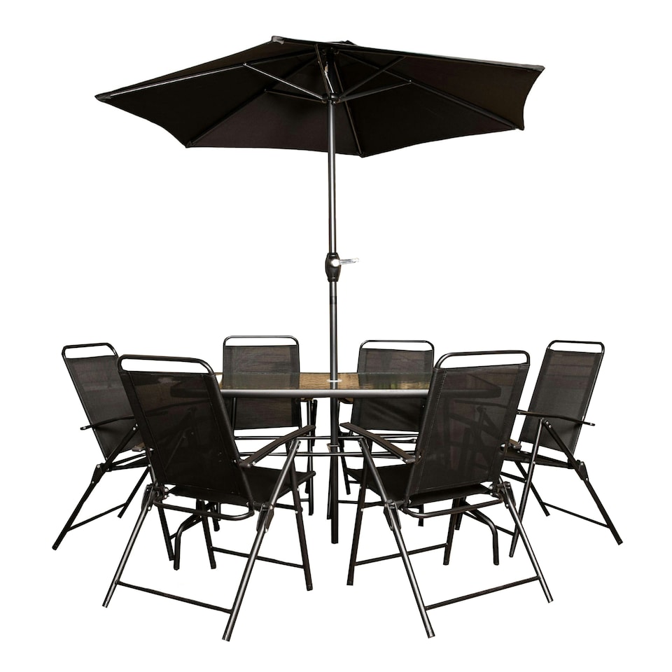image 1 of Samuel Alexander Outdoor 6 Seater Glass Top Table and Chairs Patio Set with Parasol in Black