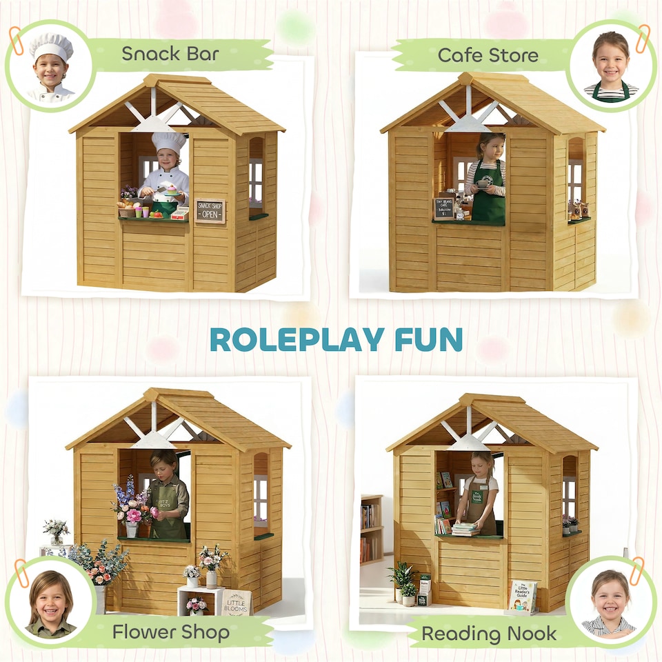 image 1 of AIYAPLAY Outdoor Playhouse, Wooden Wendy House with Door, 2 Flower Boxes